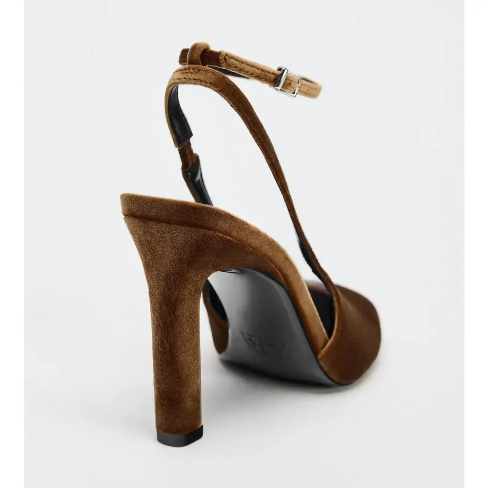 Zara NWT Brown Ocher Velvet Ankle Strap Rounded Toe High Heel Pumps 8 - Picture 14 of 16